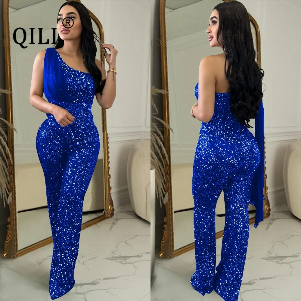 QILI-Women's One Shoulder Sequined Romper, Sleeveless Jumpsuit, Elegant Fashion, Black, Green, Red