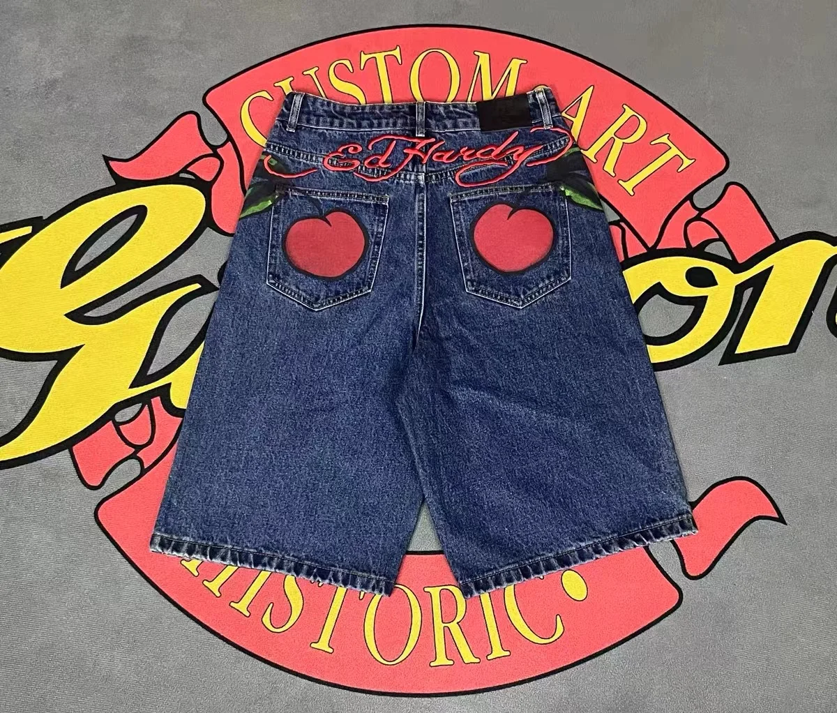 Harajuku style American loose printed denim shorts street heavy fashion retro casual trendy street skateboard shorts hot sale