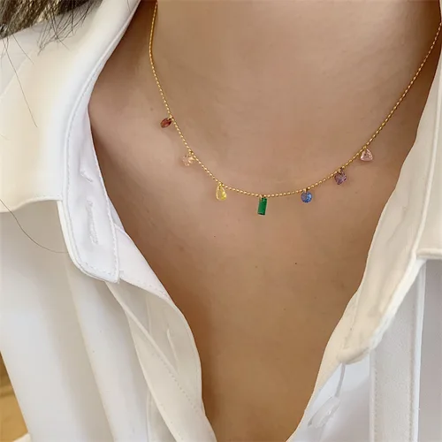 여성용 컬러풀 드롭 지르코니아 스테인레스 스틸 체인, 골드 컬러 칼라 목걸이, 섬세한 패션 주얼리 선물 2