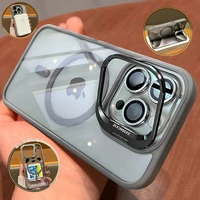 Luxury Magnetic Metal Stand Phone Case For iPhone 15 14 Plus 13 12 11 Pro Max Glass Lens Protection Shockproof Transparent Cover