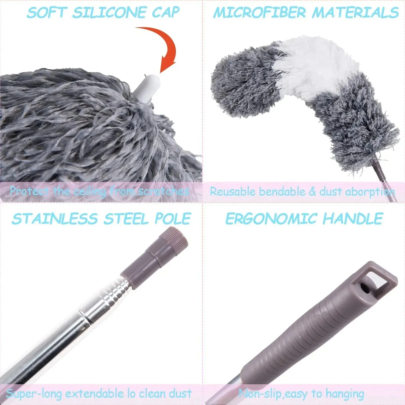 Microfiber Dust Brush Multifunctional 250 cm Telescopic Washable Duster Long Extendable for Spider Web Remover Dust Cleaning