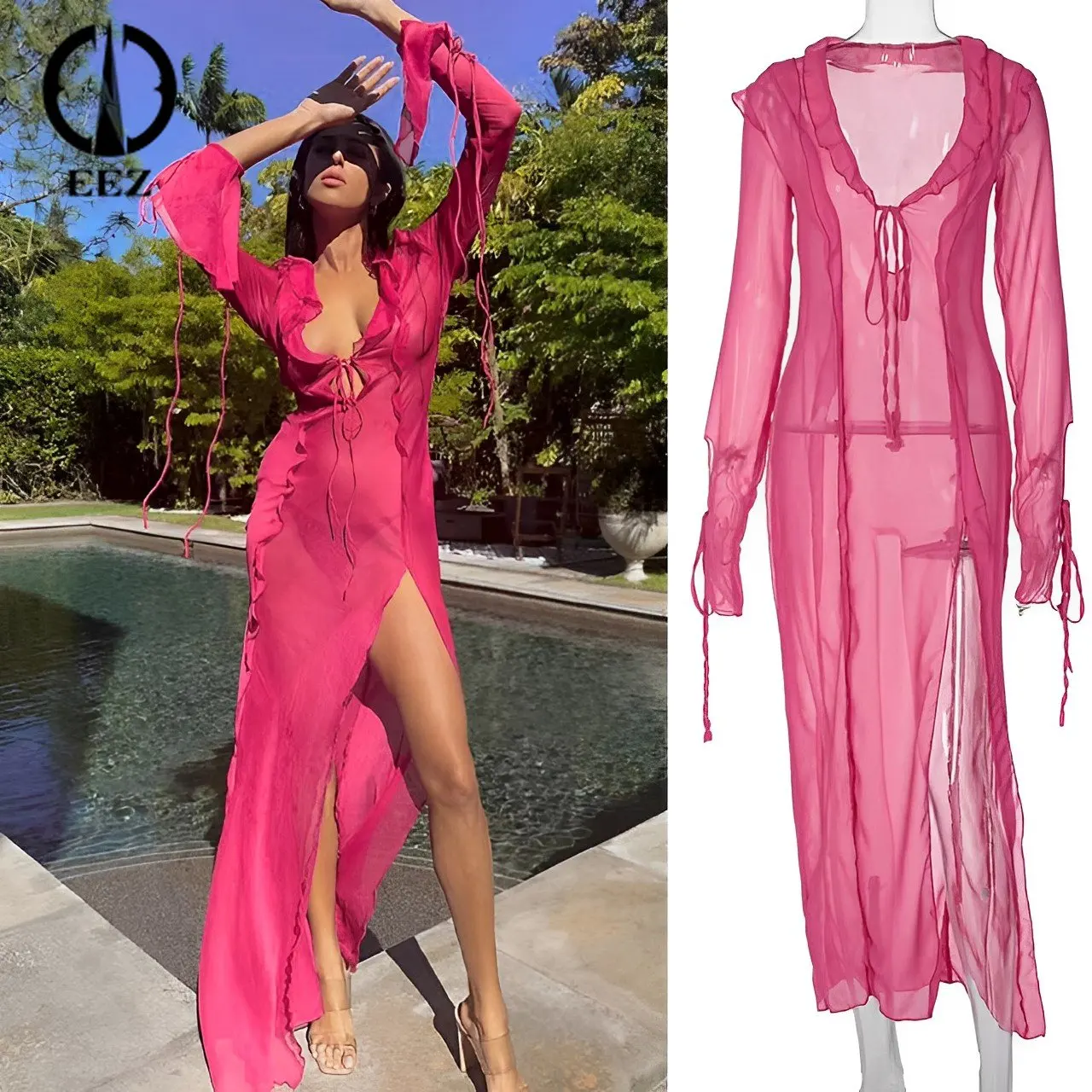 

Женское Сетчатое Прозрачное платье, розовое элегантное Бандажное пляжное платье с оборками, одежда для отпуска, Y2k, на лето