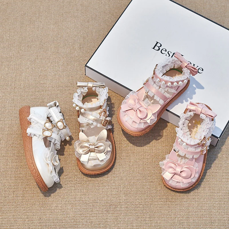 Girls Lolita Leather Shoes Spring Pearl Lace Children Soft Soled Single Shoes Kids Bowknot Princess Chaussure Enfant Fille