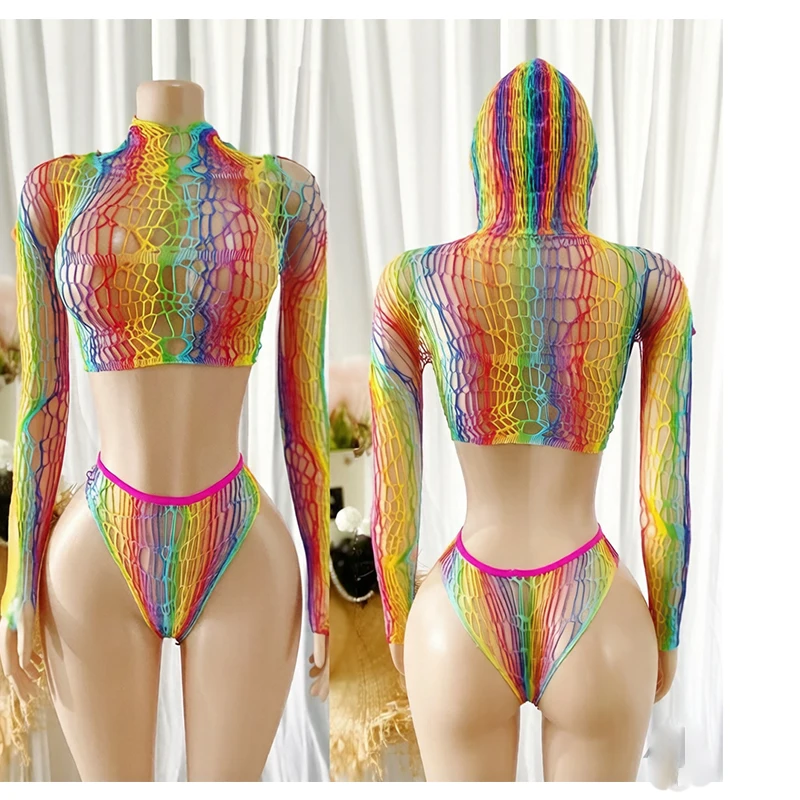 Rainbow Hollow Out Stretch Mesh Cover Up Swimsuit Set for Music Festival Vacation Beach Wear Long Sleeve High Neck Sexy Bikini T 6