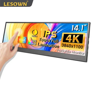 LESOWN 휴대용 모니터, 14.1 인치 길이, 4K 울트라 와이드 터치 스크린, 정전식 USB C HDMI IPS 노트북 PC 외부 LCD 모니터