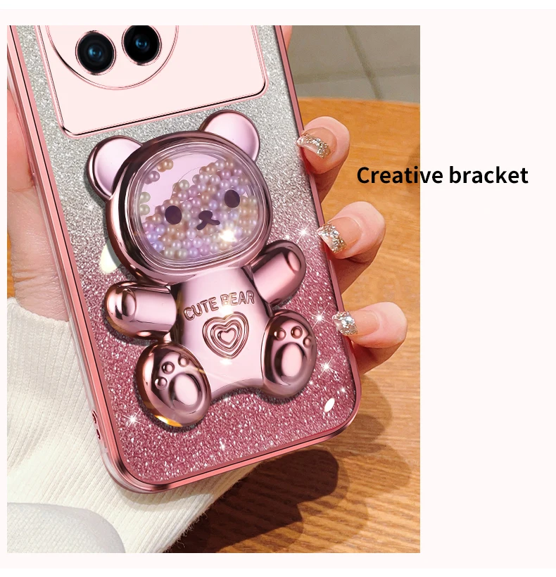 Coque de téléphone avec support à paillettes, ours mouvant, pour X 80, 60, 90, X60, X80, X21, X90, X23, X27, Vivo S7, S17, S16, S15, S12 pro_voghion.com