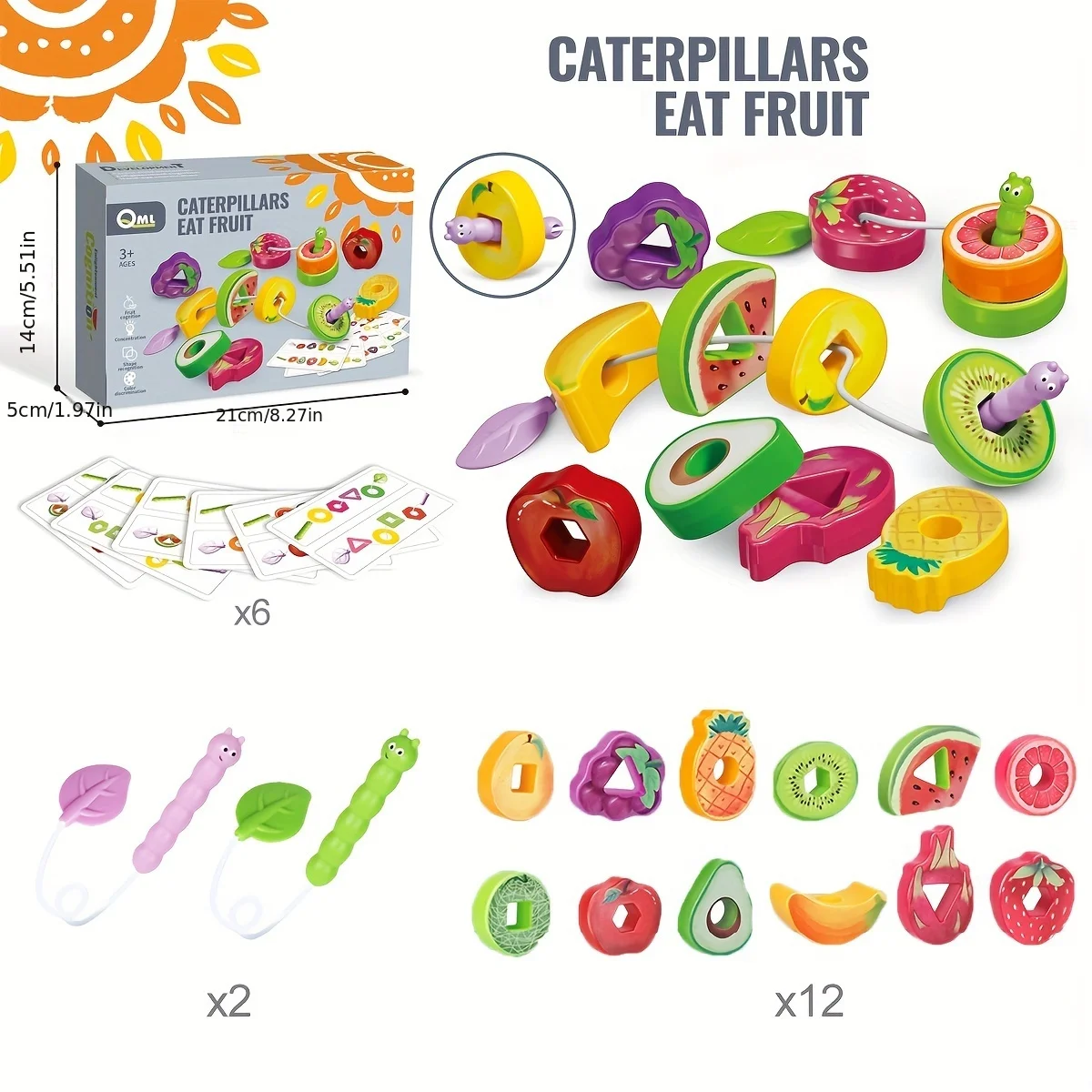 Wooden Animals Caterpillar Eat Fruits String Threading Beads Montessori Toddler Preschool Activities Lacing Toys for Kids 2
