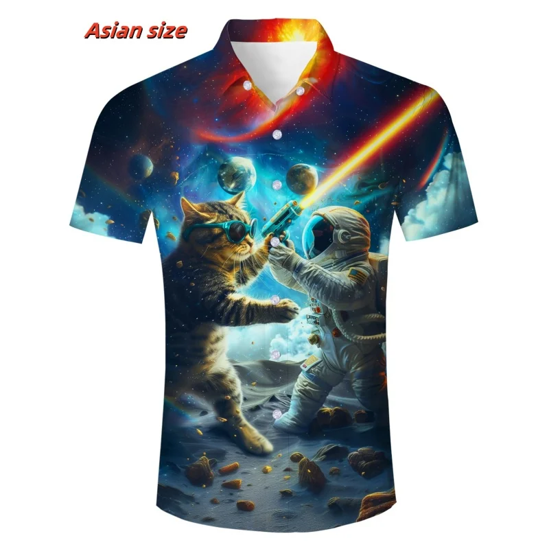 Hamburger pizza Graphic Beach Shirt for Men Colorful Cat Planet 3D Printed Hawaiian Shirts Summer Loose Short Sleeve Blouses casual short sleeved shirt short sleeved shirt hawaiian shirt