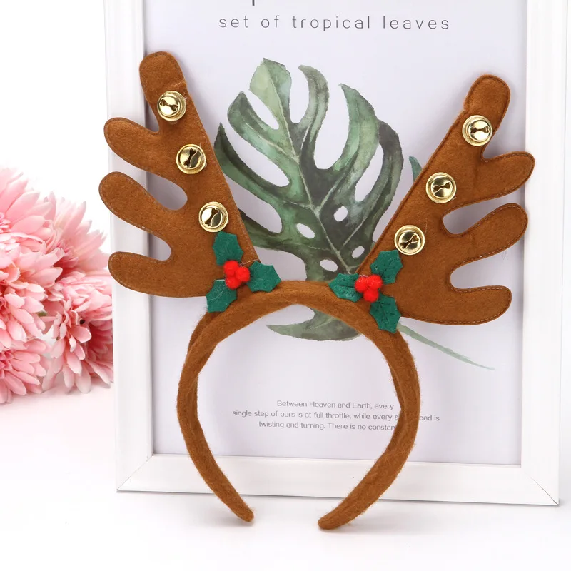 NEW Christmas Antler Hair Hoop Printed Plaid Red Bowknot Glass Filament Christmas Decorations With Wing Head Band