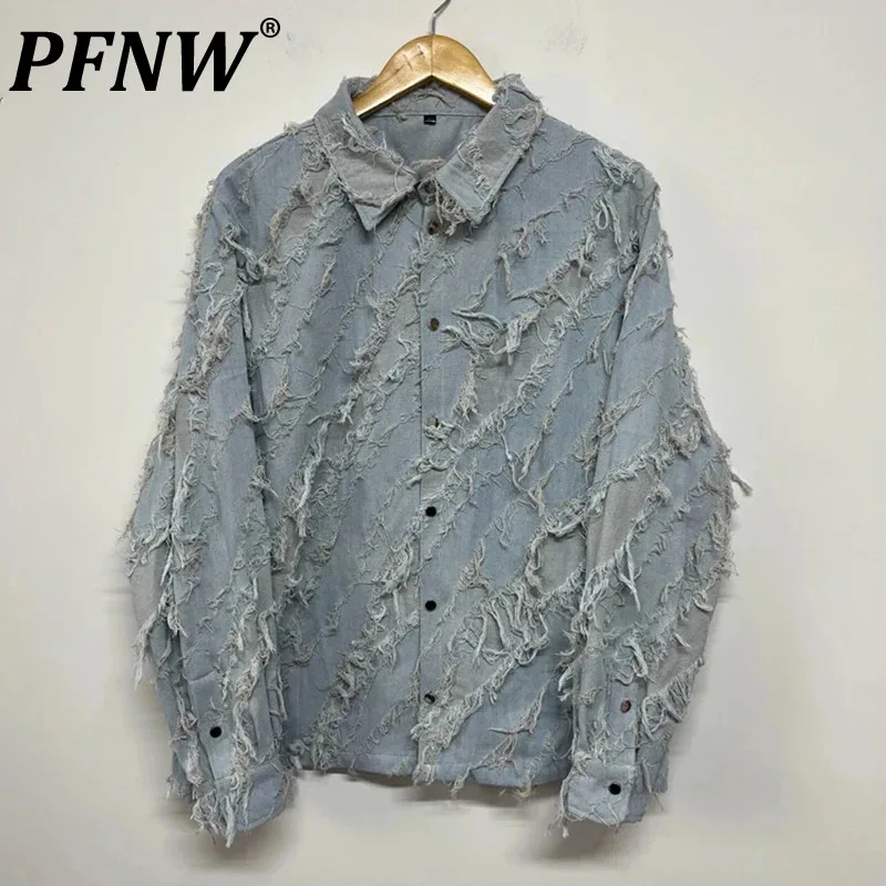 

PFNW Men's Washed Denim Raw Edges Shirts Spring Handsome Worn Out Button Outdoor Versatile Personalized High Street Tops 21Z3315