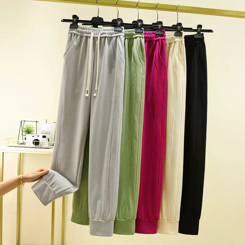 

Spring Summer Windproof Pants High waist Casual trousers Ankle-tied Solid Color Straight slacks Loose Sweatpants