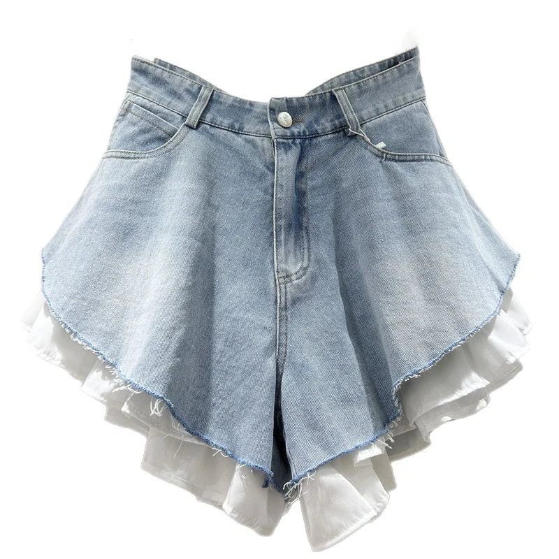WTHT New Fashion Women's Patchwork Hem Wash Denim Shorts 2025 Summer Trendy High Waist A-line Short Pants Female 1LS1393 6