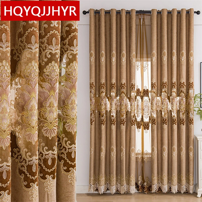 

Luxury High Quality Brown Purple Blue Chenille Living Room Curtains Gold Thread Embroidered Bedroom Study Custom Curtains