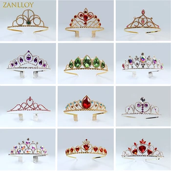 ZANLLOY 신부 웨딩 티아라 컬러 크리스탈 크라운, 공주 생일 파티 헤어 액세서리 라인석