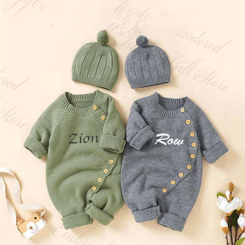 

Baby knitted Jumpsuit with Hat Custom Embroidered Name Newborn Boys Girls Birth Gift Sweater Personalized Cute Crawling Suit Set