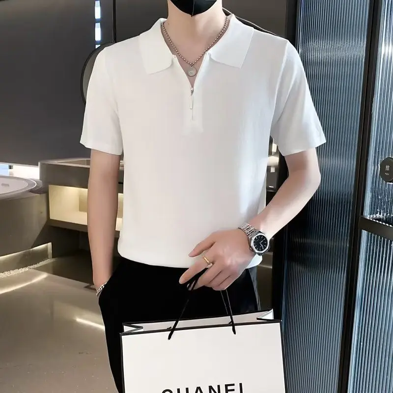 

Clothes for Men Summer Knitted Short-sleeved Polo Shirt Slim-fit Lel Korean Style Solid Color Polo-shirt Trendy Tops Z27