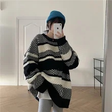 

Striped Women's Sweater Autumn Winter Loose Pullover Lazy Style Wearing Thin Knitted Top Sweater