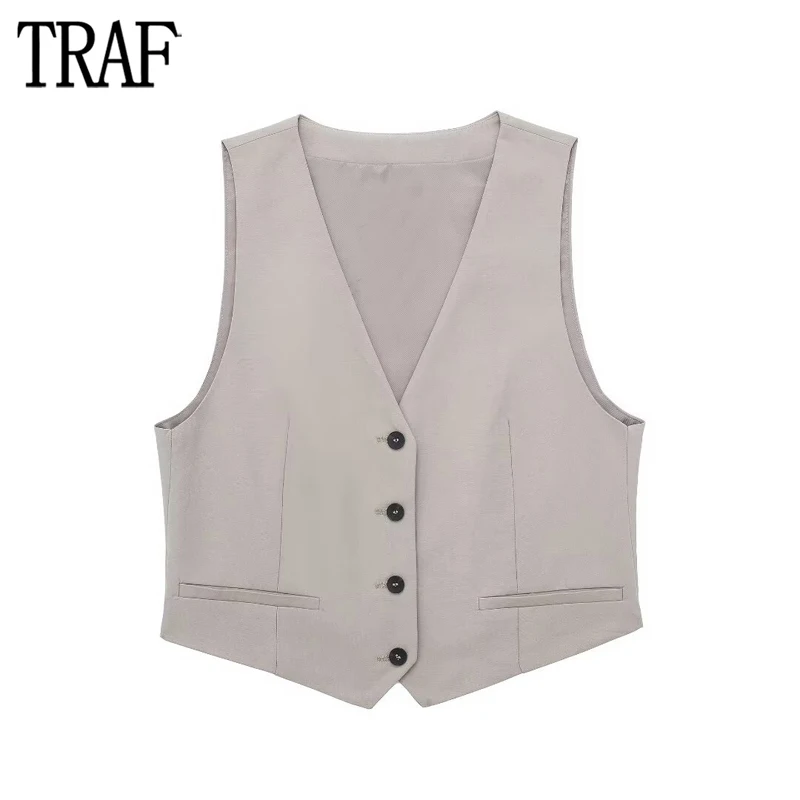 

TRAF 2024 Sleeveless Vest Woman Fitted Cropped Waistcoat Women Basic Button Vests for Women Streetwear Cropped Jacket Women