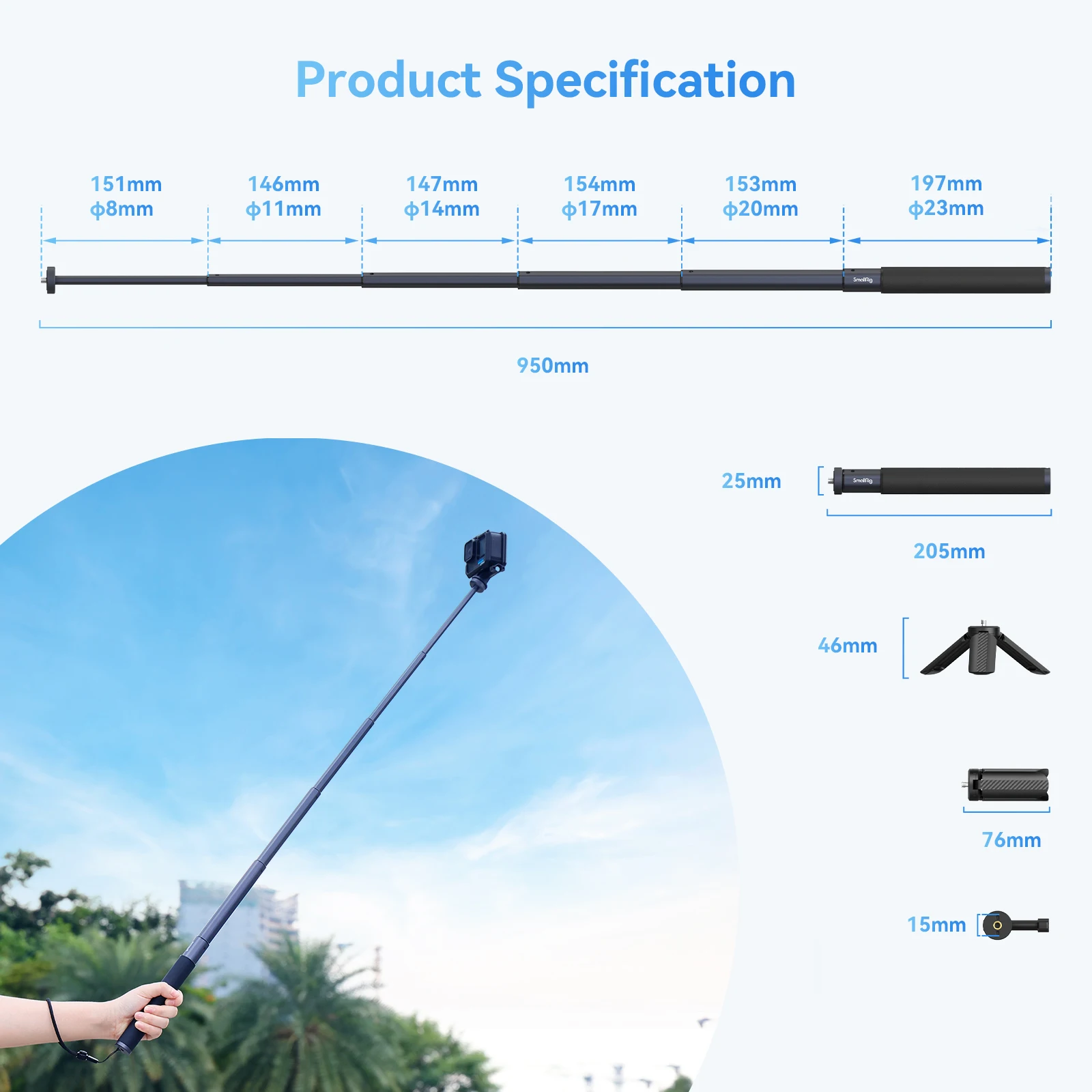 SmallRig Selfie Stick For Action Cameras Support Smartphone For GoPro 12 10 9 8 Insta360 X3 DJI Action 3 AKASO-5403
