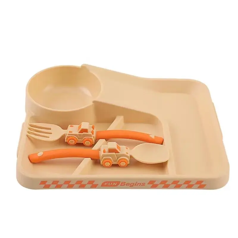 Children Cartoon Racing Dinner Plate Fork Spoon Set Baby Self-feeding Cutlery Set Food Supplement Divided Bowl Baby Non-slip stainless steel cutlery set silicone cutlery set fork spoon set baby cutlery