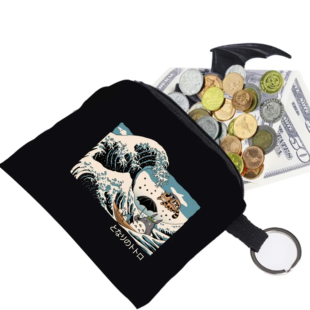 Purse Unisex Coin Bag Earplugs Key Storage Bag Small Object Ring Buckle Zipper Black Canvas Wave Print Pattern Series