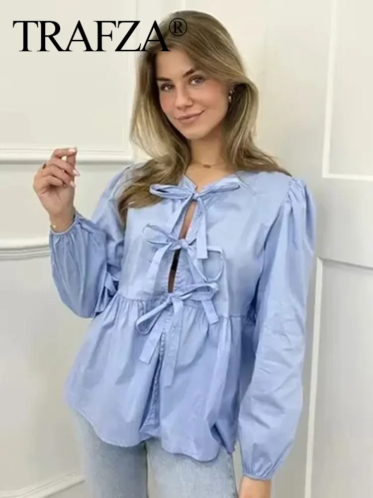 HH Shirts For Women Elegant Front Bow Tie Pink Blouse Top Puff Sleeve Shirt Spring Summer Women Casual Streetwear Top