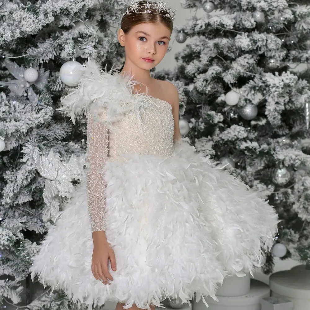 

Jill Wish Luxury Arabic White Girl Dress Feathers One Shoulder Dubai Baby Kids Princess Birthday Wedding Party Gown 2024 J394