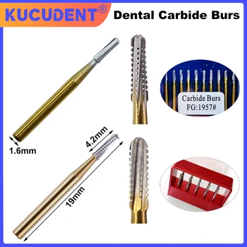 10pcs/Box Dental Carbide Burs Drill Tungsten Steel Crown Cutting Bur Drill for High Speed Handpiece FG-1957/1958 Gold-Plated 1
