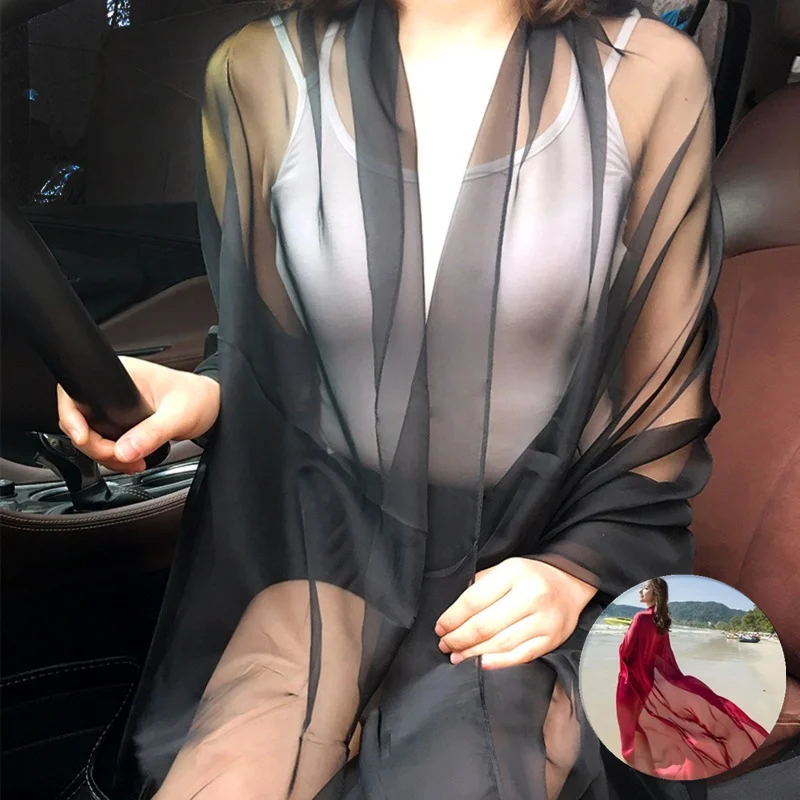 Korean Solid Color Transparent Sexy Thin Chiffon Beach Towel Sunscreen Shawl Women Summer Air Conditioning Ice Silk Scarf 6