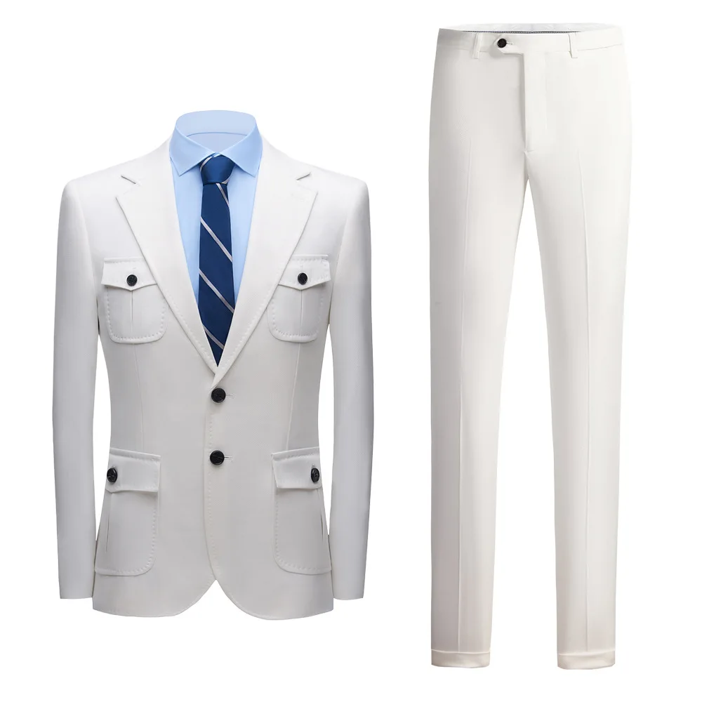 

New White Suit Two-Piece Set: Hunting or Performance Wear, Men's Stylish Casual Style, Groom Wedding Dress