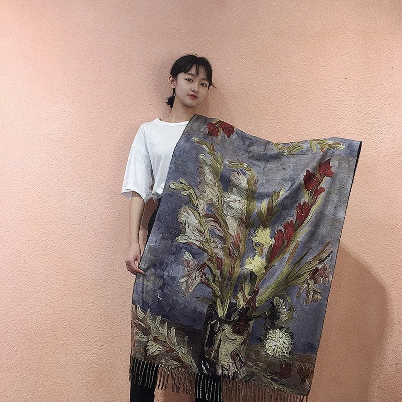 Van Gogh-Inspired Cashmere Wool Scarf - Coffee House Print Winter Wrap