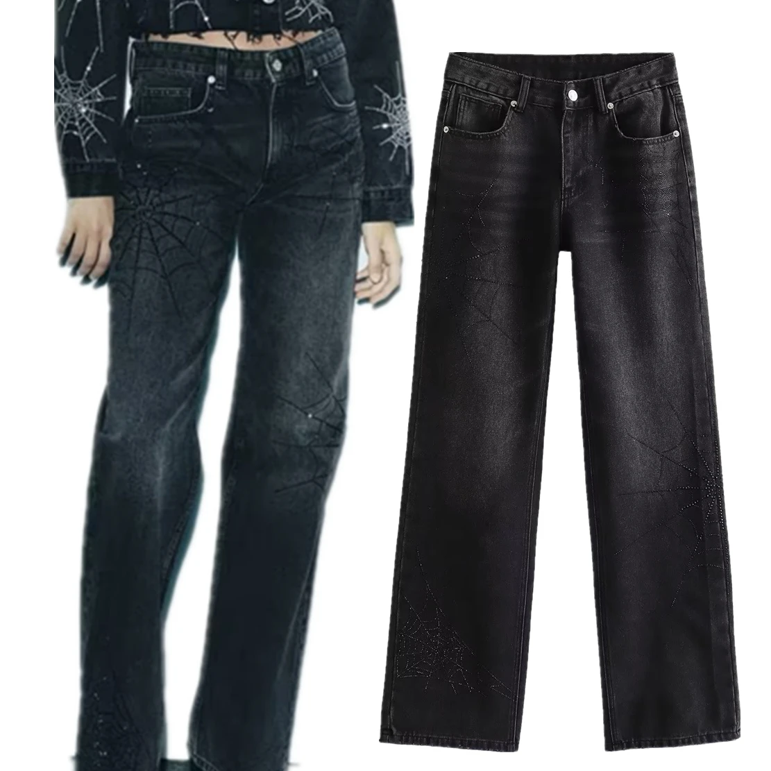 Jenny&Dave High Street Punk Jeans Straight Barrel Black Jeans Women Vintage Sequin High Waist Mom Jeans