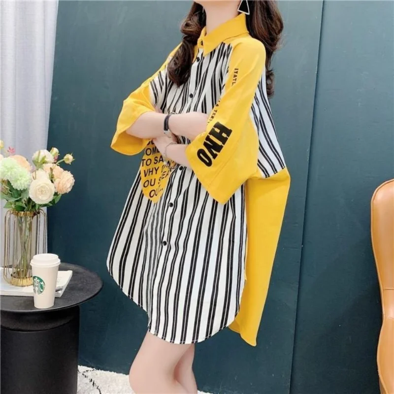 2023 New Summer Fashion Trend Simple Casual Loose Letter Printed Stripe Medium Length Women's Versatile Three Quarter Shirt elmsk men s summer individualized embroidered capris fashion three dimensional trend shorts elastic versatile middle pants whole