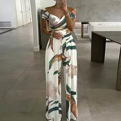 Fashion printed wide leg jumpsuit for women elegant V-neck short sleeved jumpsuit for spring and autumn 2023 women's clothing