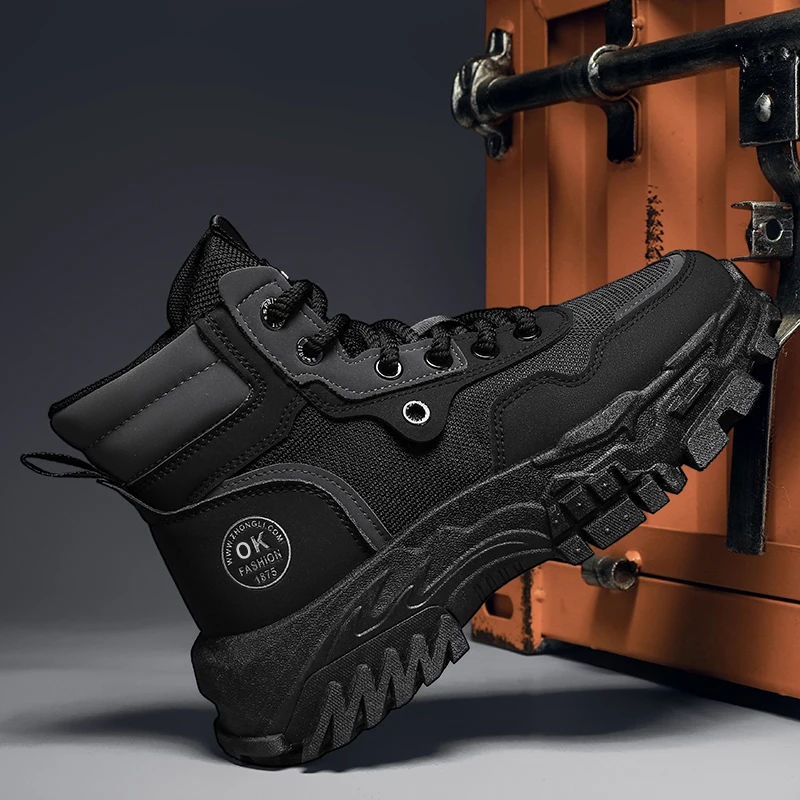Mens Boots Leather Shoes Platform Boots for Men Outdoor Sneakers Motorcycle Ankle Boots Male Work Boot Casual Hiking Shoes - 2