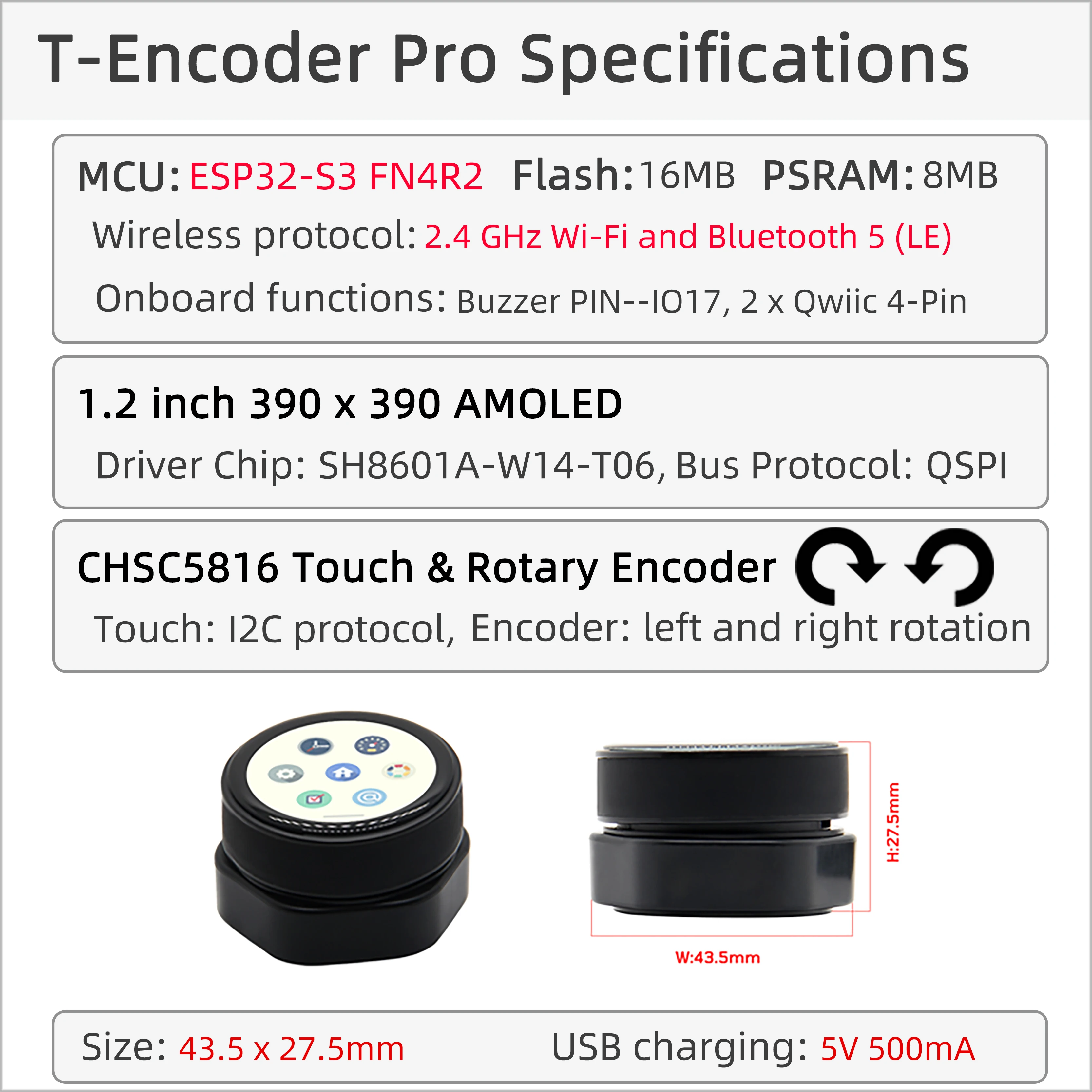 ® T-Encoder-Pro ESP32-S3 Rotary Encoder CHSC5816 ESP32-S3FN4R2 Circuit Board 1.2