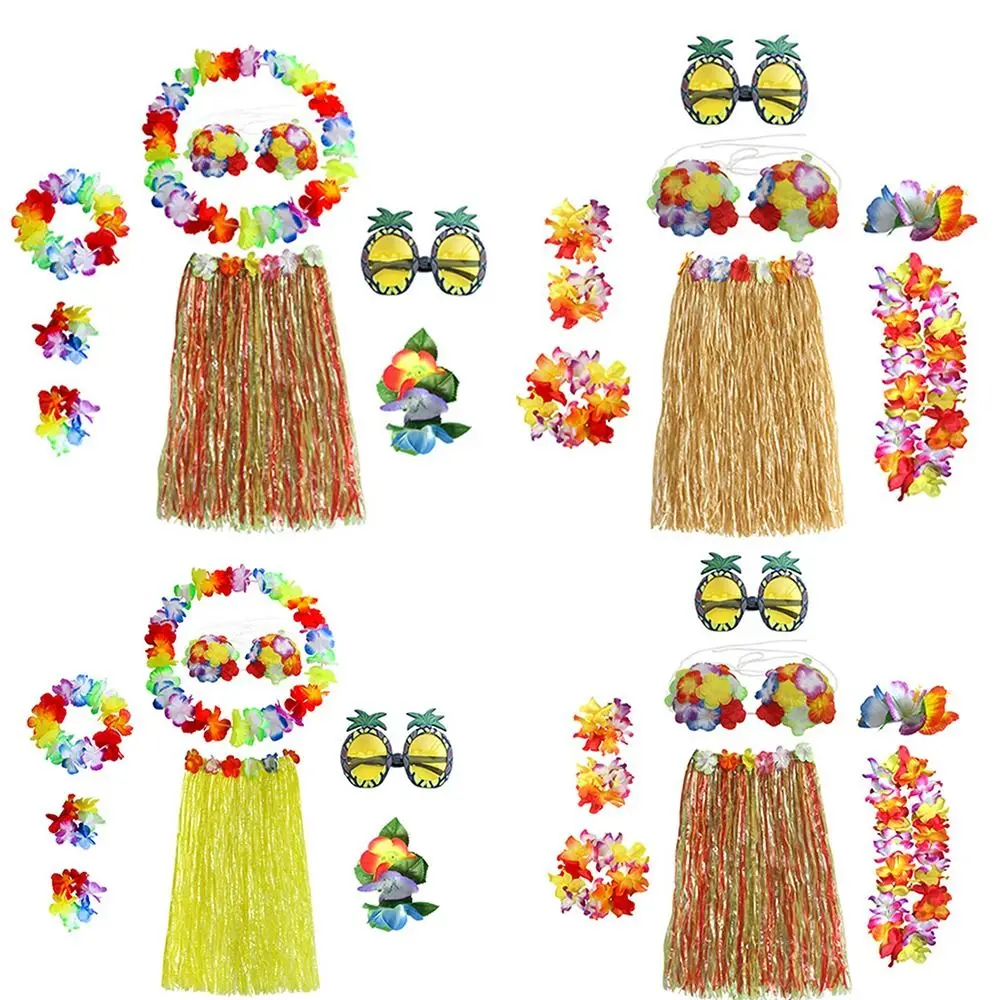 

8pcs/set 8Pcs Glasses Garland Wristbands Necklace Costume Fancy Dress Hawaiian Hula Skirt Set Headband