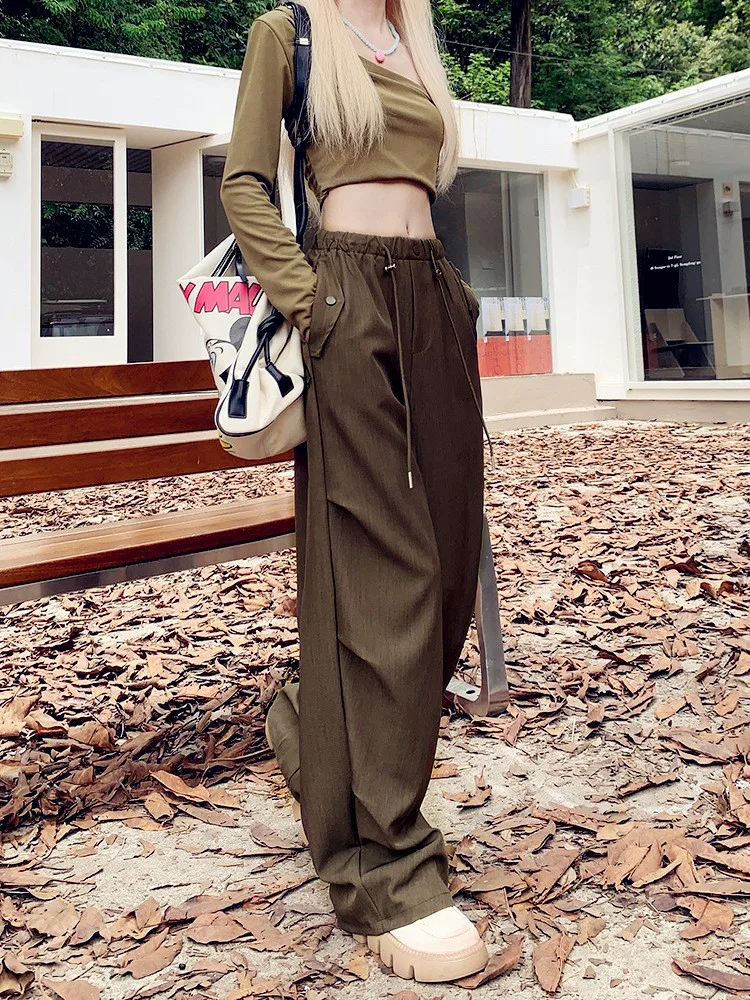 Korean Internet Celebrity Personalized Work Pants for Women with Elastic Waist Drawstring Straight Tube Casual Loose Wide Leg 5