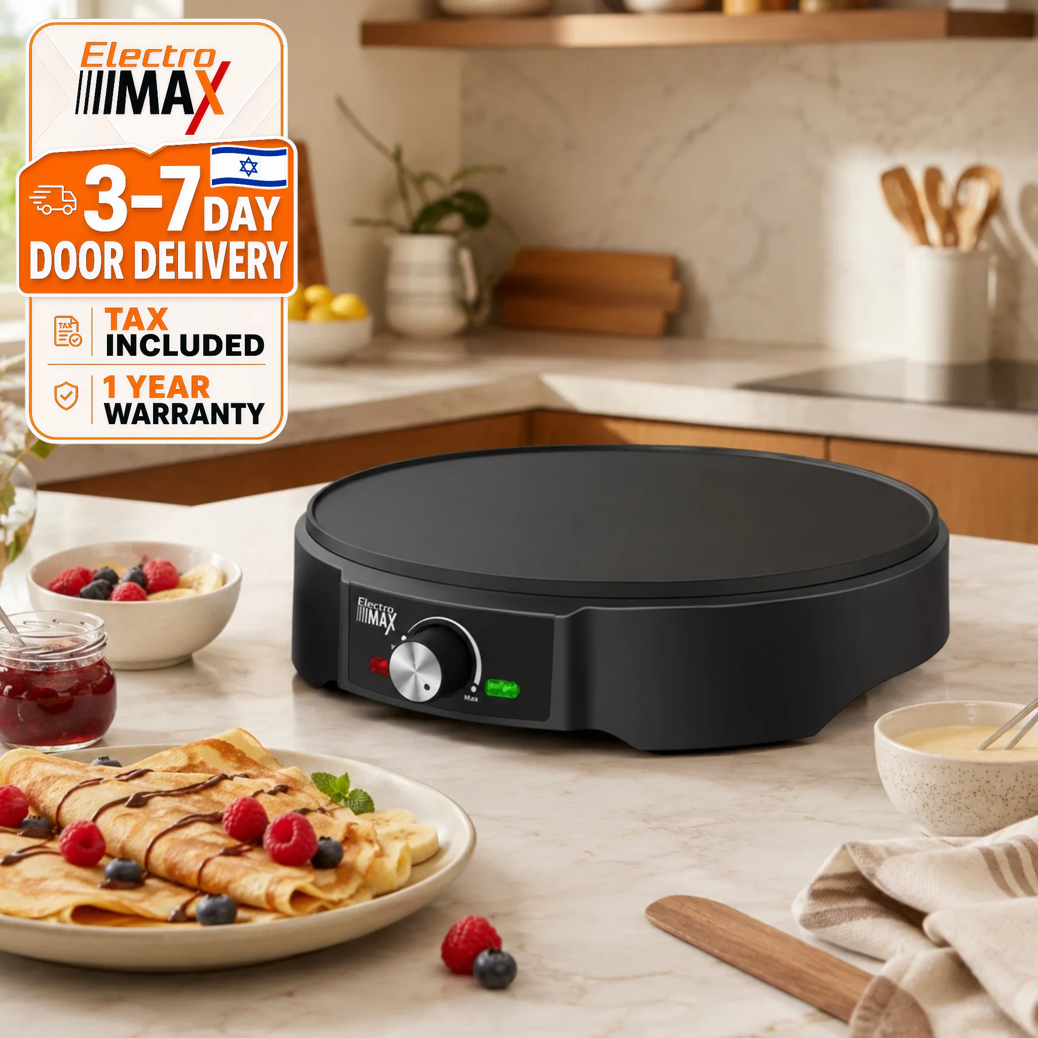 Electro Max 1200W 30cm Elektrischer Crêpe- und Pfannkuchen-Maker mit Antihaftbeschichtung, Holzverteiler & Löffel