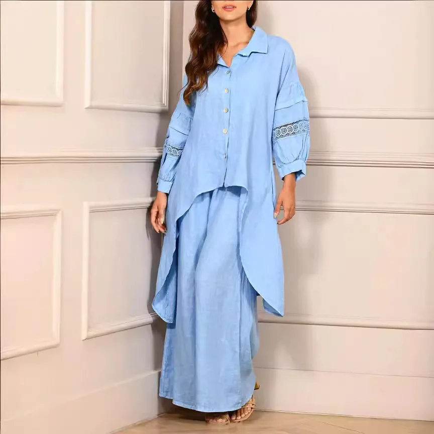 Women's solid color lace design stitching 7-point rotator cuff shirt skirt+wide-leg pants suit women suit