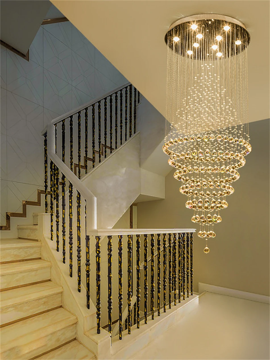 Modern LED Crystal Chandelier Lamp Stair Lights Droplight Double Entry Long Circular Crystal Lighting Lobby Chandelier