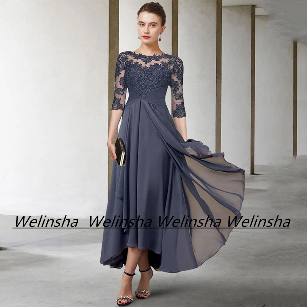 

3/4 Sleeves Scoop Mother of The Bride Dress Applique Pleat A Line Ankle Length Chiffon Wedding Guest Gown Party Dresses