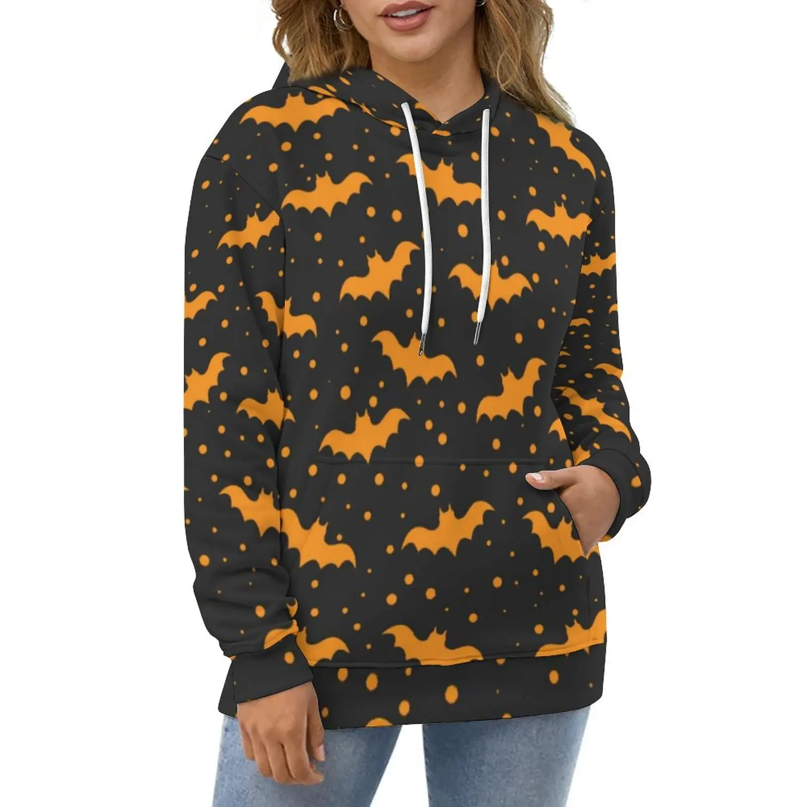 

Orange Bats Print Hoodies Female Black Halloween Fashion Casual Hoodie Spring Long Sleeve Aesthetic Hooded Sweatshirts Big Size