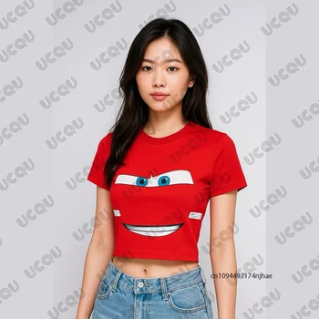 Summer New Lightning Mcqueen Print T-shirt For Women Korea Sle Short Sleeve Crop Top Streetwear Tees Vintage Casual Y2k Tops 1
