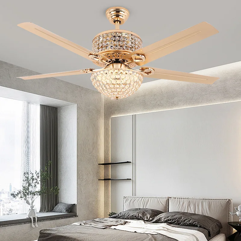 American crystal ceiling fan lamp Living room bedroom remote control fan Light LED restaurant ceiling lamp fixtures