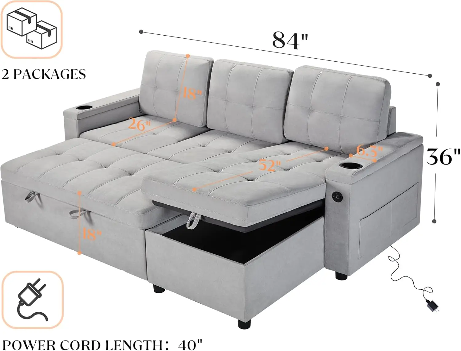 Description Picture 3 of itemFolding Beds Sleeper Sofa Pull Out Couch Bed with USB Charging Port & Cup Holders L-Shaped Sectional Couch with Storage Chaise