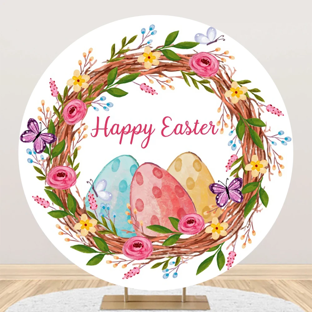 

Laeacco Happy Easter Party Round Backdrop Spring Garland Colorful Eggs Butterfly Kids Birthday Portrait Photography Background