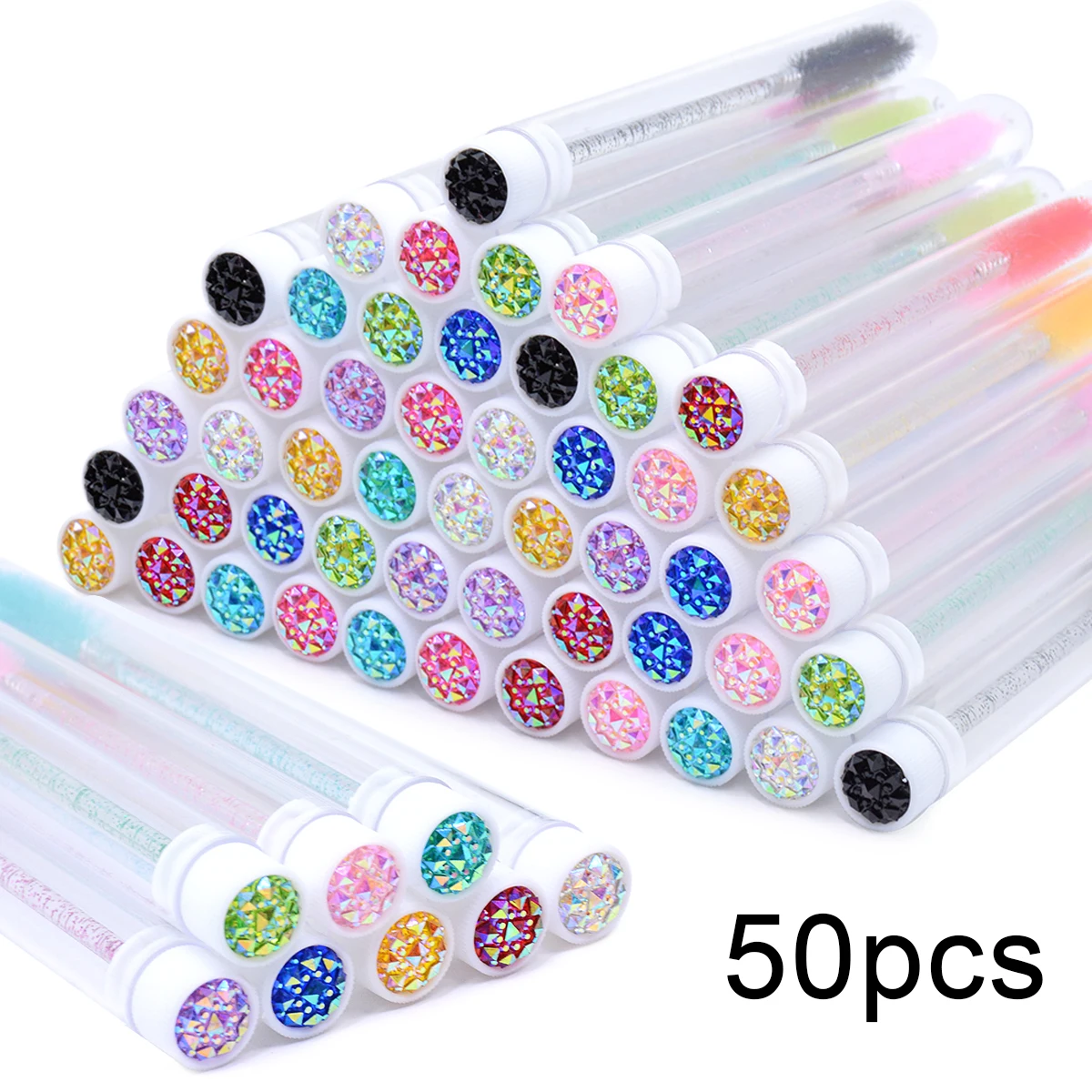 50-Pack Crystal Eyelash and Eyebrow Brush Set with Storage Tubes