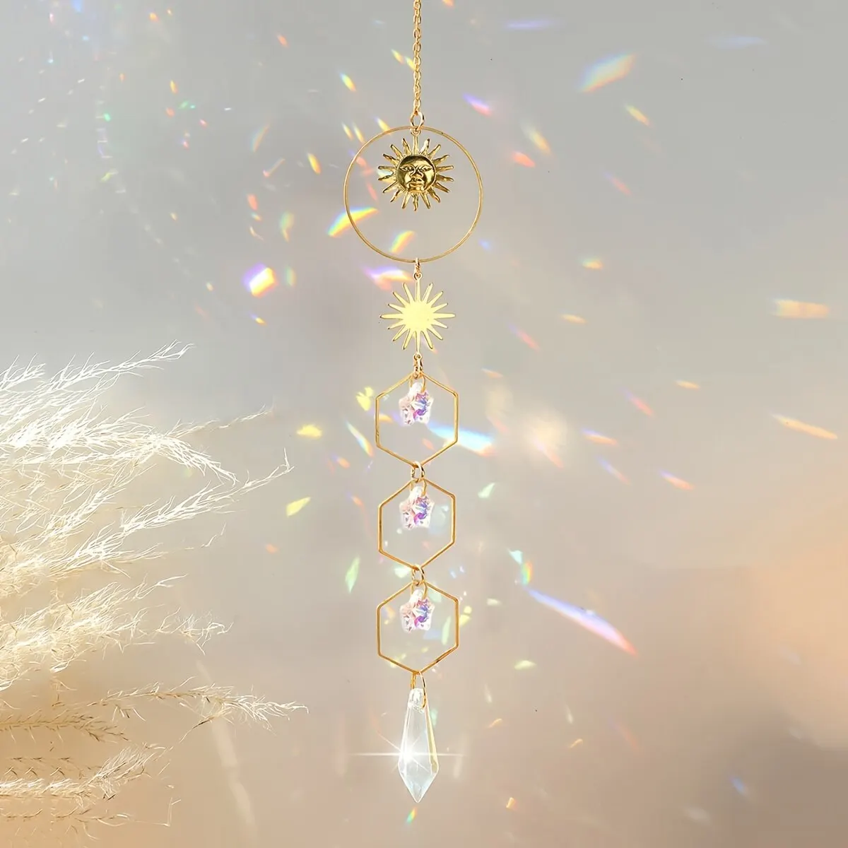 Crystal hanging decoration Golden Sun Pentagram Crystal Chain Pendant Room Window Hanging Decoration Dream Rainbow Gift Catcher 1 Piece