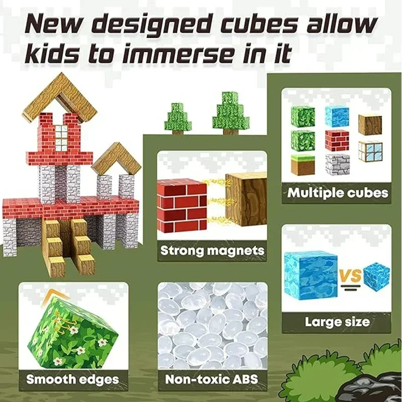 Magnetic Building Blocks Magnetic Assembly Toy Mine World Magnet Cube Set for Boy Girl Kid Age 3+ DIY Model Children Stem Sensory Educational Toy Gift
